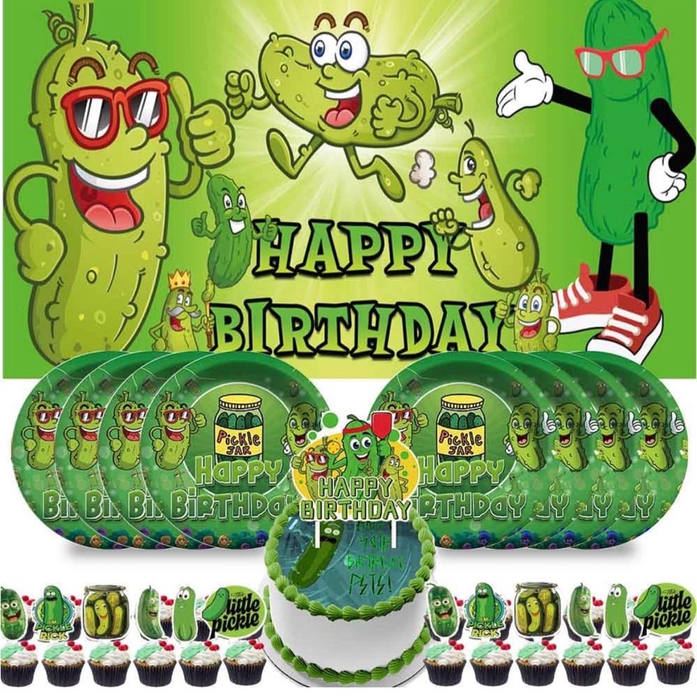 Pickle Happy Birthday Party Supplies, 5 x 2.3,backdrop, 8 plates, cupcake picks